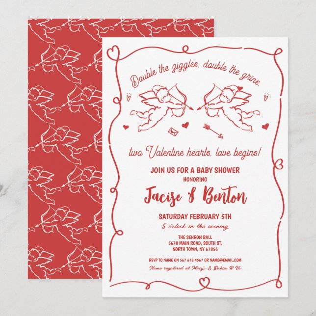 Invitation Twins Valentines Baby shower Cupid Red Boy Love (Devant / Derrière)