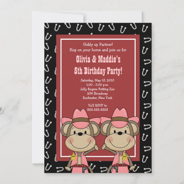 Invitation TWINS Western Cowgirl Monkey 5x7 Anniversaire (Devant)