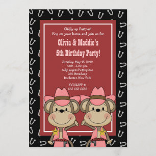 Invitation TWINS Western Cowgirl Monkey 5x7 Anniversaire
