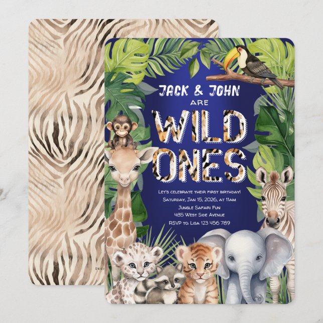 Invitation Twins Wild Ones, Jungle Safari Navy 1er anniversai (Devant / Derrière)