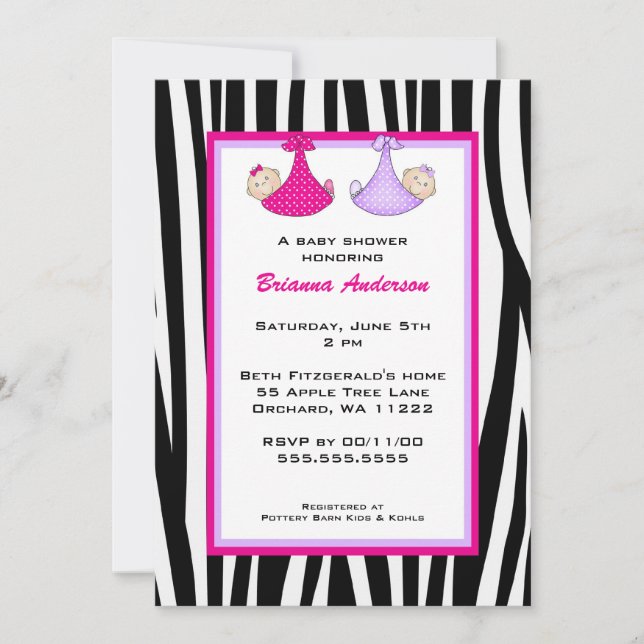 invitation Twins Zebra Hot Pink et Purple Baby sho (Devant)