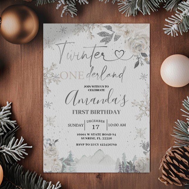 Invitation Twinter Onederland Snowflake Blanc Floral Annivers (Créateur téléchargé)