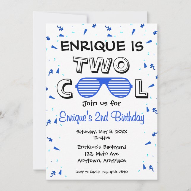 Invitation TWO Cool Sunglass 2nd Birthday Party (Devant)