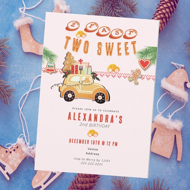 Invitation Two Fast Christmas Gingerbread Car P 2nd Birthday (Two Fast Two Sweet Christmas Gingerbread Car Pink Girl 2nd Birthday December Winter Invitation)