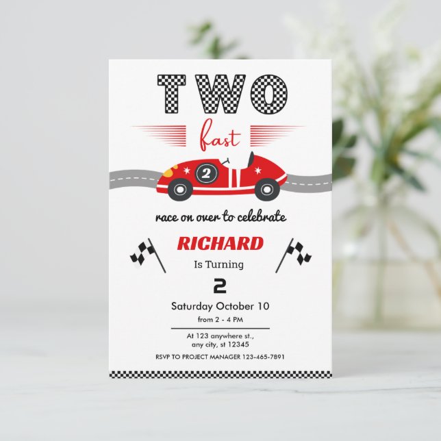 Invitation Two Fast Red Race Car 2nd Birthday °Race (Debout devant)