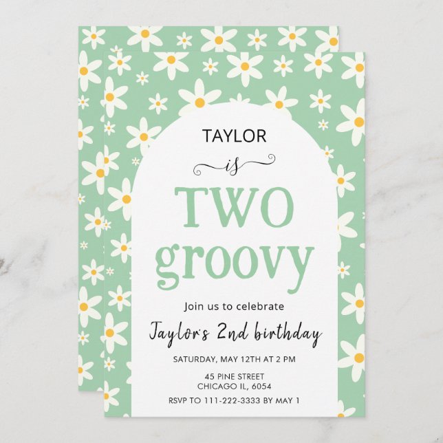 Invitation TWO groovy Mint Green Daisy 2nd Birthday (Devant / Derrière)