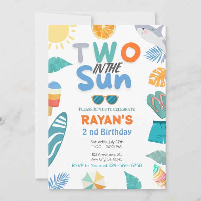 Invitation Two In the Sun Tropical Beach 2 et fête d'annivers (Devant)