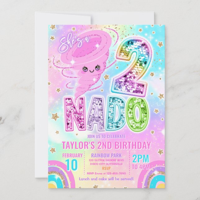 Invitation Two Nado Rainbow Glitter 2nd Birthday Party  (Devant)