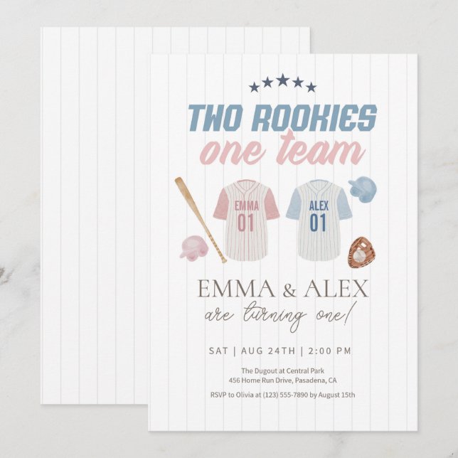 Invitation Two Rookies One Team Baseball Sibling Birthday (Devant / Derrière)