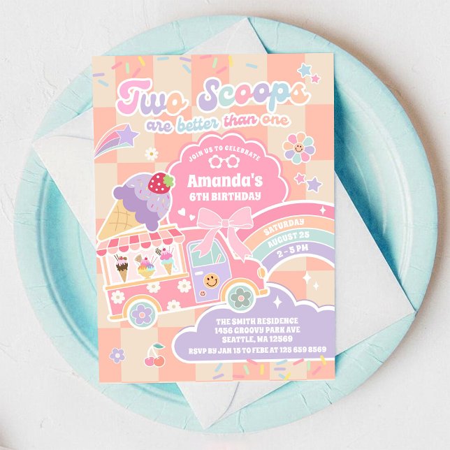 Invitation Two Scoop Ice Cream Groovy Daisy 2nd Birthday (Créateur téléchargé)