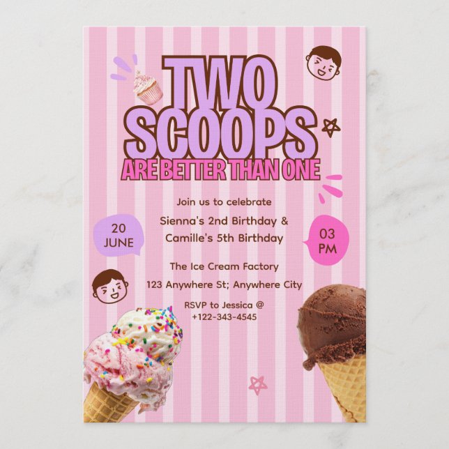Invitation Two Scoops are Better Than One Ice Cream Birthday  (Devant)