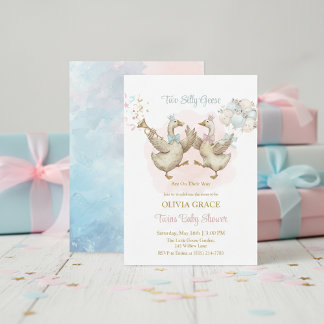 Invitation Two Silly Geese Pink And Blue Twins Baby Shower