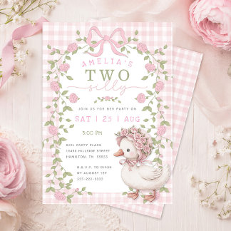 Invitation Two Silly Goose Pink Gingham Second Birthday Party