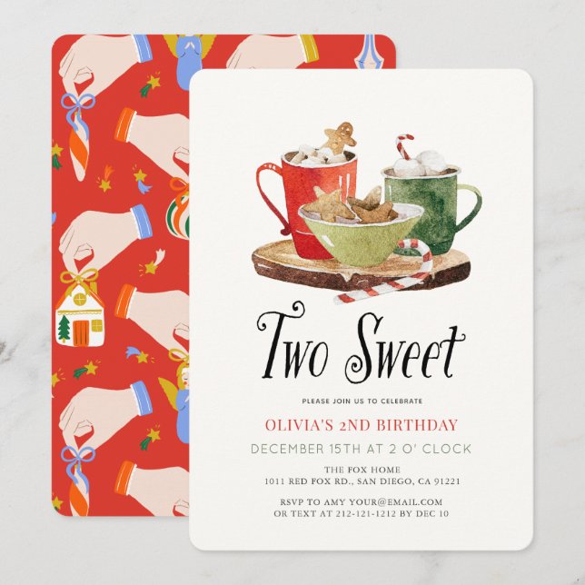 Invitation Two Sweet Christmas Cookies Cocoa Mug 2nd Birthday (Devant / Derrière)