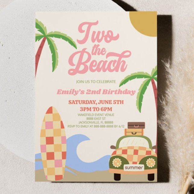 Invitation Two The Beach Surf Pink Retro 2e fête d'anniversai (Créateur téléchargé)