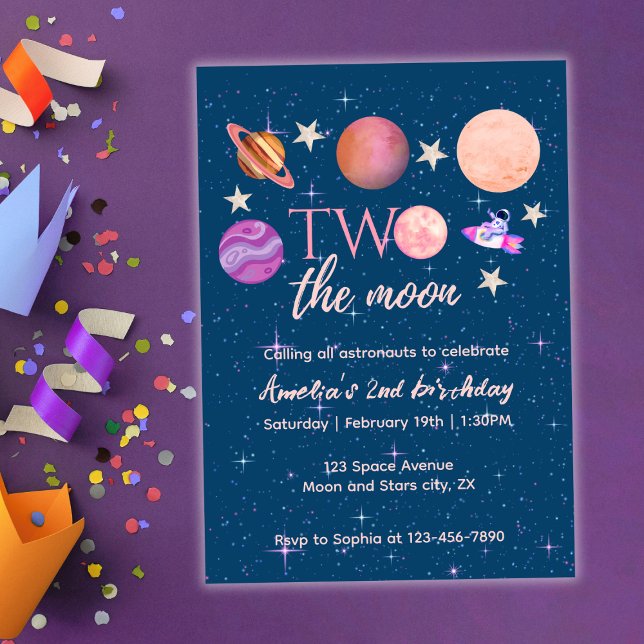 Invitation Two The Moon  Outer Space Ship Planets 2nd Bday (Créateur téléchargé)