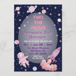 Invitation Two The Moon, Pink Purple Space 2nd Birthday 