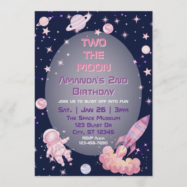 Invitation Two The Moon, Pink Purple Space 2nd Birthday  (Devant)