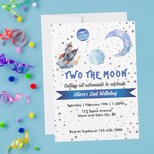 Invitation Two The Moon Rocket Space Blue Boy 2nd Birthday  (Créateur téléchargé)