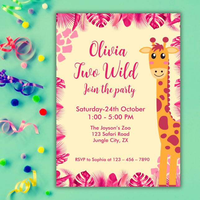 Invitation Two Wild Safari Animals  Giraf Girl Pink 2nd Bday (Créateur téléchargé)