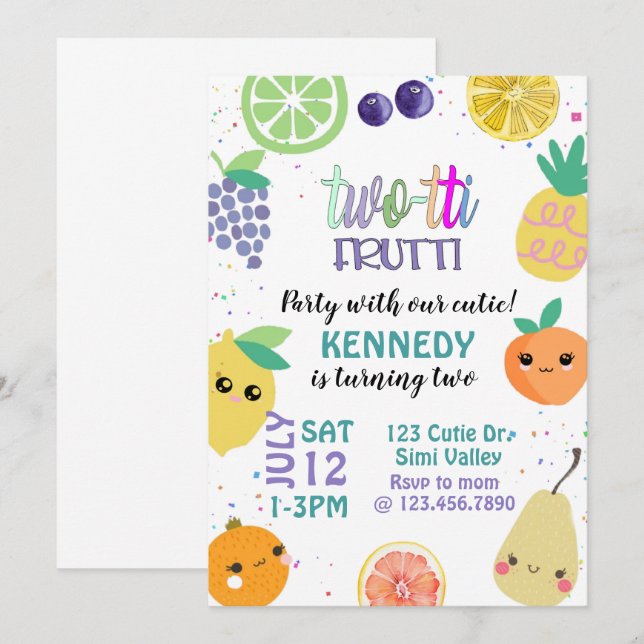 Invitation Twotti Fruiti, DEUX, Anniversaire de enfant,  (Devant / Derrière)
