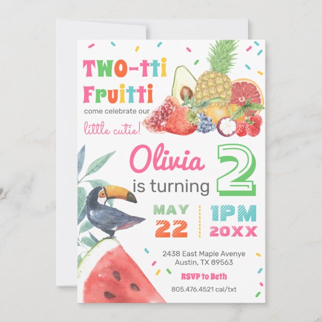 Invitation Twotti Fruitti Fruits tropicaux Toucan Anniversair (Devant)