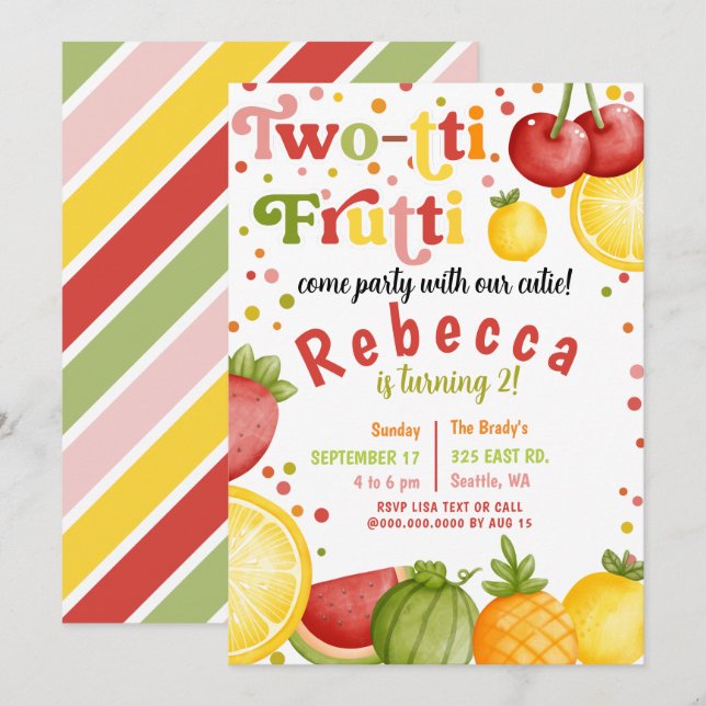 Invitation Twotti Frutti Fruity Amusants Deuxième fête d'anni (Devant / Derrière)