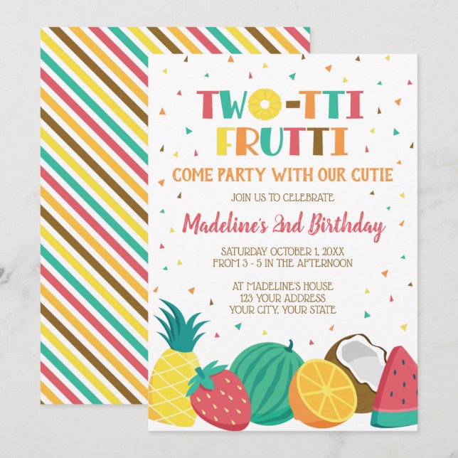 Invitation Twotti Frutti Girls Second Birthday Fruit Thème (Devant / Derrière)