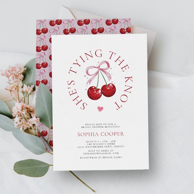 Invitation Tying Knot Chic Modern Cherry Fête des mariées (Créateur téléchargé)