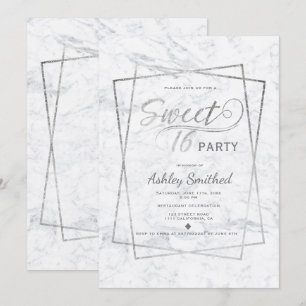 Invitation Typographie argentée moderne marbre Sweet 16
