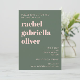 Invitation Typographie audacieuse Bat mitzvah vert rose moder