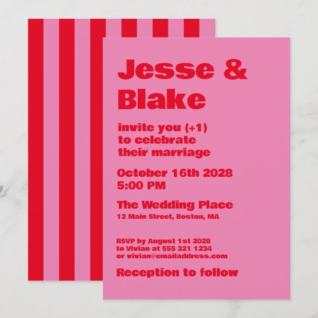 Invitation Typographie audacieuse, mariage rose et rouge (Devant / Derrière)
