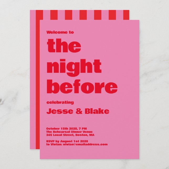 Invitation Typographie audacieuse, mariage rose et rouge (Devant / Derrière)