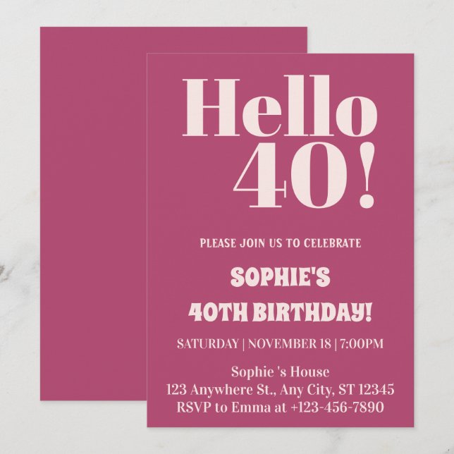 Invitation Typographie audacieuse Pink Moderne 40ème annivers (Devant / Derrière)