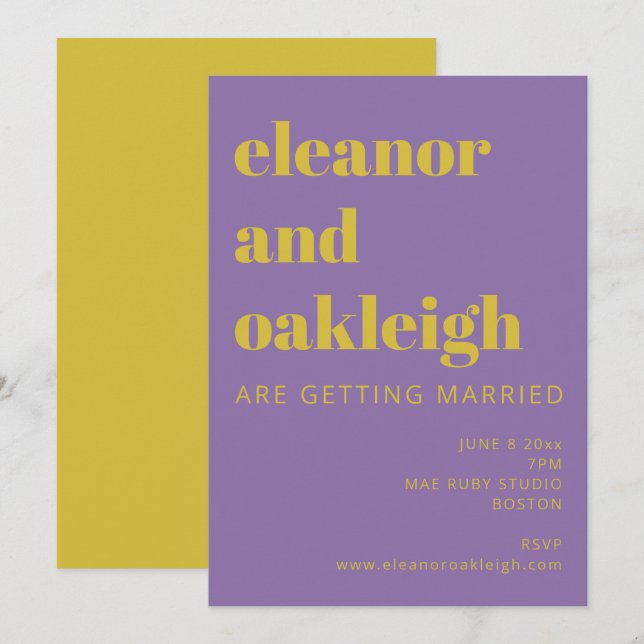 Invitation Typographie audacieuse violet clair Mariage modern (Devant / Derrière)