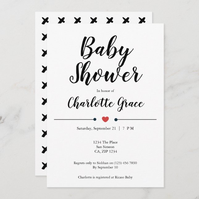 Invitation Typographie Baby shower noir blanc Coeur Baisers (Devant / Derrière)