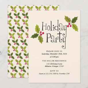 Invitation Typographie Baies et Feuilles de Houx Fête de Fête