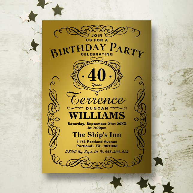 Invitation Typographie Black & Gold tendance fête d'anniversa (Créateur téléchargé)