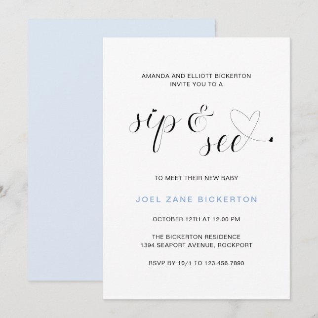 Invitation Typographie Bleue moderne Sip et voir (Devant / Derrière)