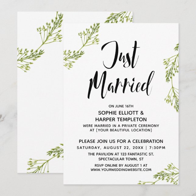 Invitation Typographie botanique de mariage juste célébré Mar (Devant / Derrière)