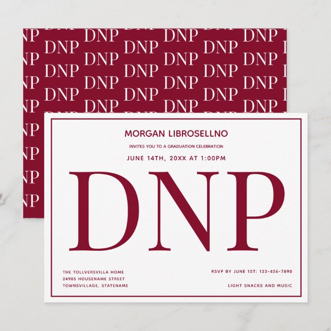 Invitation Typographie Burgundy White DNP Graduation Party (Devant / Derrière)