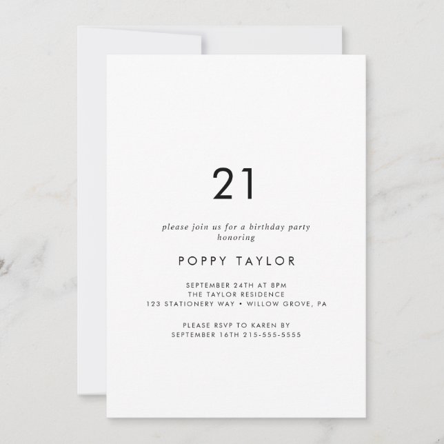 Invitation Typographie chic 21e fête d'anniversaire (Devant)