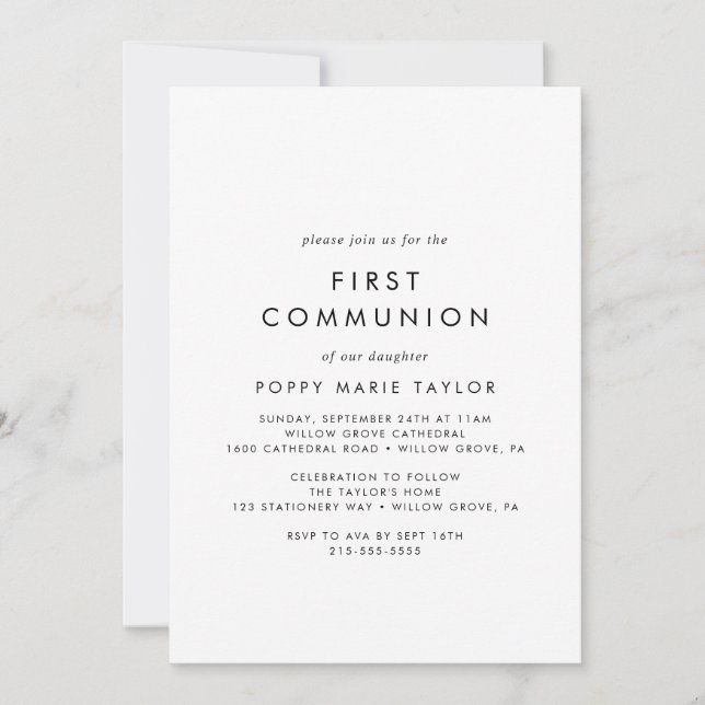 Invitation Typographie chic Première communion (Devant)