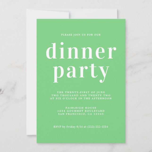 Invitation Typographie Chic Simple Dîner Vert Été (Devant)