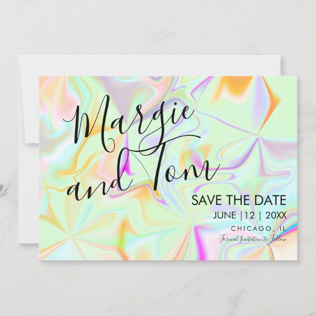 Invitation Typographie colorée holographique Enregistrez la d (Devant)