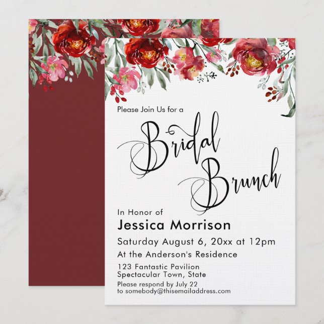 Invitation Typographie de Brunch nuptial Bourgogne Rouge flor (Devant / Derrière)