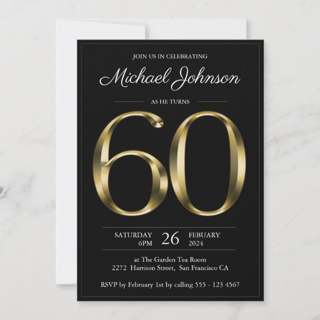 Invitation Typographie de classe noire et or 60e anniversaire (Devant)
