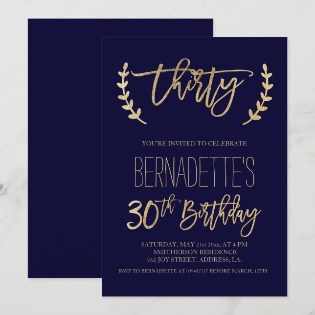 Invitation Typographie de l'or Faux bleu marine 30e anniversa (Devant / Derrière)