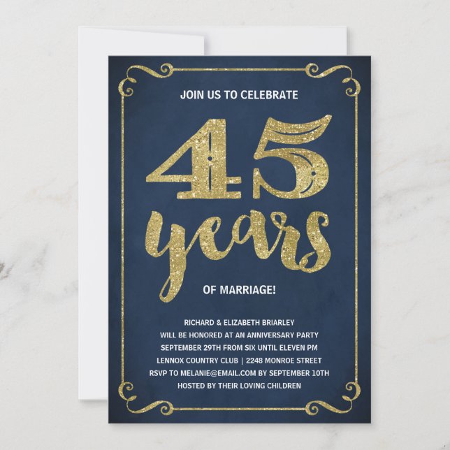 Invitation Typographie de l'or | Faux Foil 45e anniversaire (Devant)