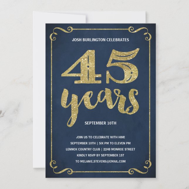 Invitation Typographie de l'or | Faux Foil 45e fête d'anniver (Devant)